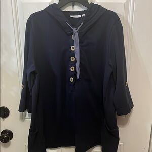 Susan Graver Sweat Navy Button pull on Hoodie Top XL